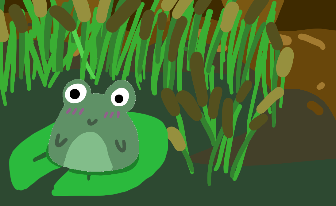 a happy animated blobby frog sitting on a lilly pad, floating in murky green water with cattails behind it, and earth behind that